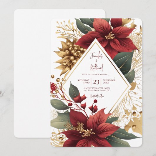 Poinsettia Gouden Kerstmis Feestelijke Bruiloft Kaart (Voorkant / Achterkant)