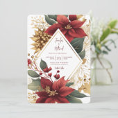 Poinsettia Gouden Kerstmis Feestelijke Bruiloft Kaart (Staand voorkant)