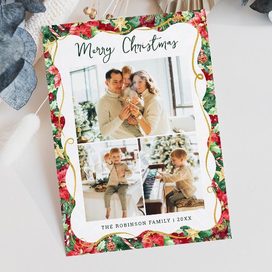 Poinsettia Greenery Pattern Christmas 3 Foto Feestdagenkaart