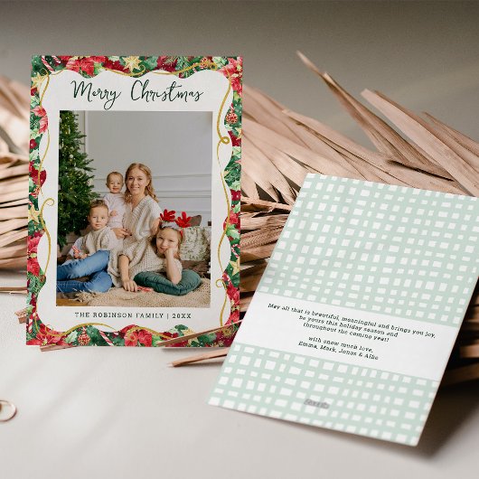 Poinsettia Greenery Pattern Vrolijke kerstfoto Feestdagenkaart