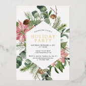 Poinsettia Greenery Wreath Holiday Party Gold Folie Uitnodiging (Voorkant)