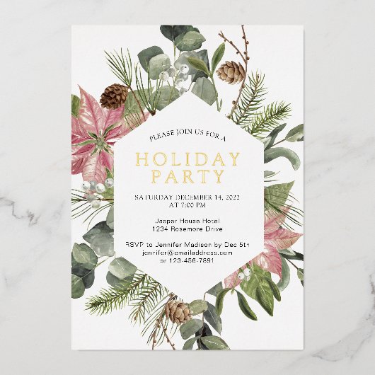 Poinsettia Greenery Wreath Holiday Party Gold Folie Uitnodiging (Voorkant)