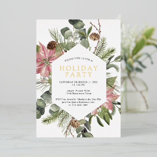 Poinsettia Greenery Wreath Holiday Party Gold Folie Uitnodiging (Staand Voorkant)