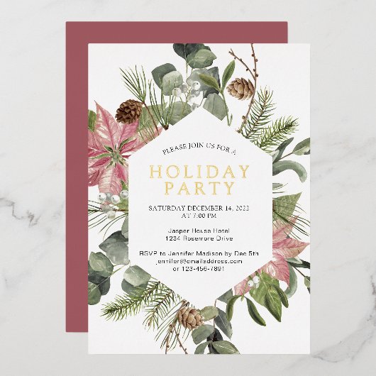 Poinsettia Greenery Wreath Holiday Party Gold Folie Uitnodiging (Voorkant / Achterkant)