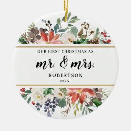 Poinsettia Greens Eerste Kerstmis als de heer en m Keramisch Ornament