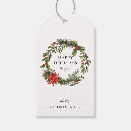 Poinsettia Groen Kerst Feestdagen Krans Cadeaulabel (Voorkant)