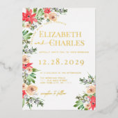 Poinsettia groen kerstvakantie bruiloft folie uitnodiging (Voorkant)