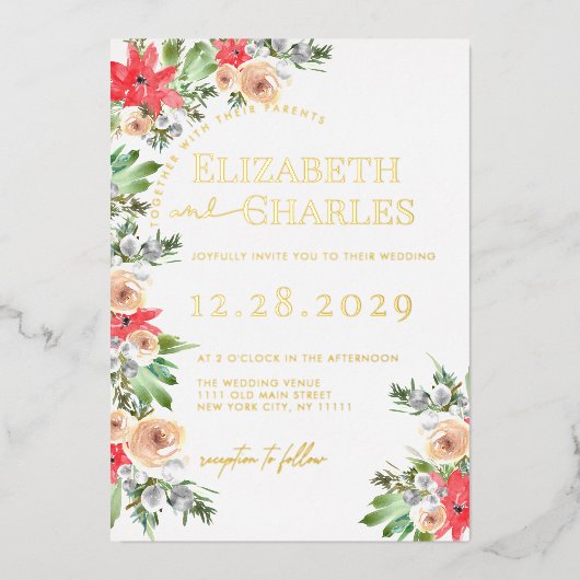 Poinsettia groen kerstvakantie bruiloft folie uitnodiging (Voorkant)