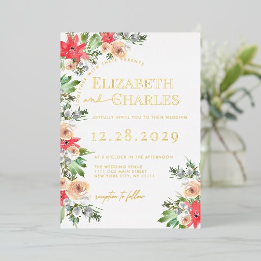 Poinsettia groen kerstvakantie bruiloft folie uitnodiging (Staand Voorkant)