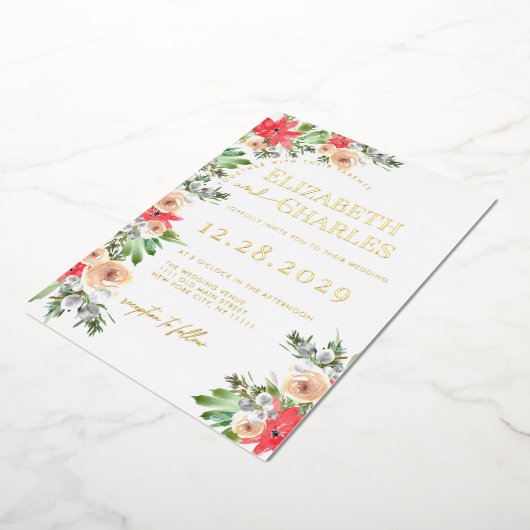 Poinsettia groen kerstvakantie bruiloft folie uitnodiging (Gedraaid)