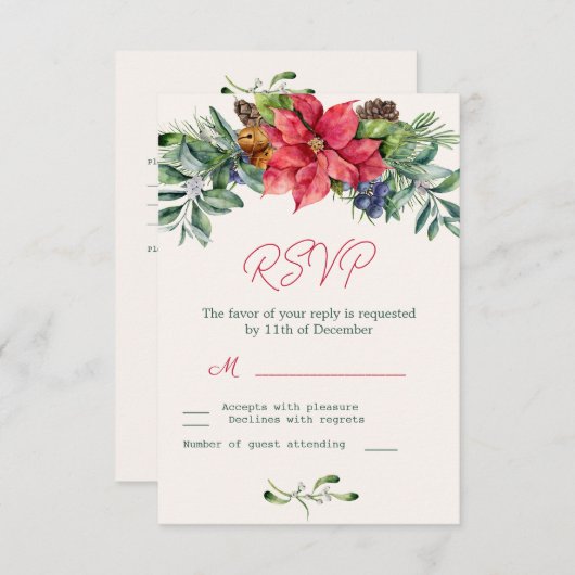 Poinsettia Groene Blad Bruiloft RSVP (Voorkant / Achterkant)