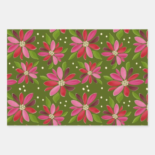 Poinsettia groene cadeau wrap 3 pack inpakpapier vel (Voorkant 2)