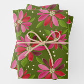 Poinsettia groene cadeau wrap 3 pack inpakpapier vel (In situ)