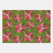 Poinsettia groene cadeau wrap 3 pack inpakpapier vel (Voorkant)
