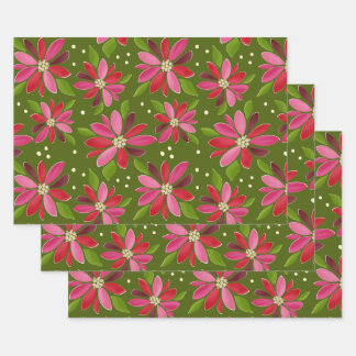 Poinsettia groene cadeau wrap 3 pack inpakpapier vel