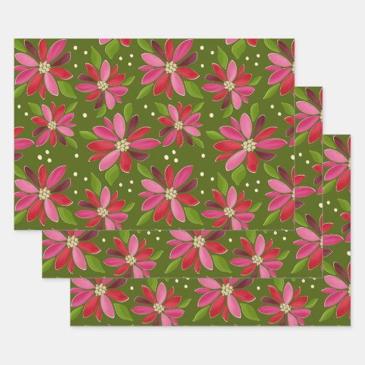 Poinsettia groene cadeau wrap 3 pack inpakpapier vel (Set)