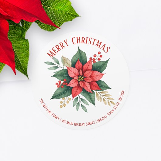 Poinsettia Groene Rode Bessen Kerst Adres Ronde Sticker