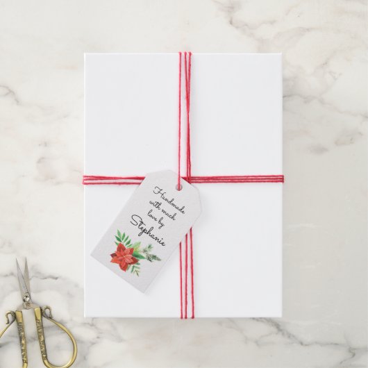 Poinsettia Handgemaakt met Liefde Naam Kerstmis Cadeaulabel (Met Touw)