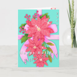 Poinsettia Happy Holiday New Year Aqua Blue Kaart