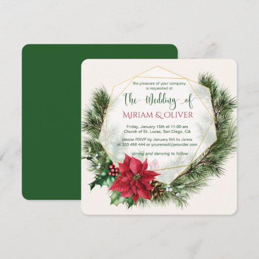 Poinsettia, heilig, dennenkerstbruiloft kaart (Voorkant / Achterkant)