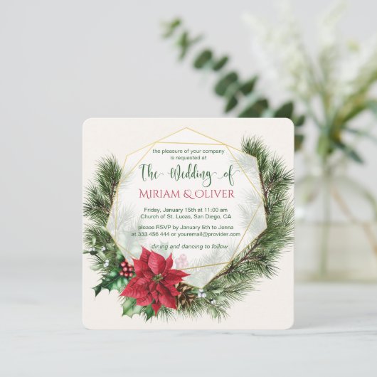 Poinsettia, heilig, dennenkerstbruiloft kaart (Staand voorkant)