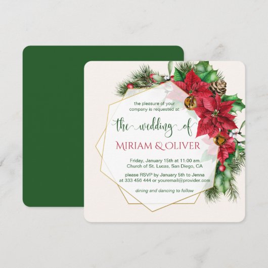 Poinsettia, heilig, dennenkerstbruiloft kaart (Voorkant / Achterkant)