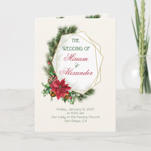 Poinsettia, heilig, dennenkerstbruiloft programma (Voorkant)