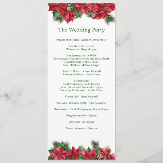 Poinsettia, heilig, dennenkerstbruiloft programmakaart (Achterkant)