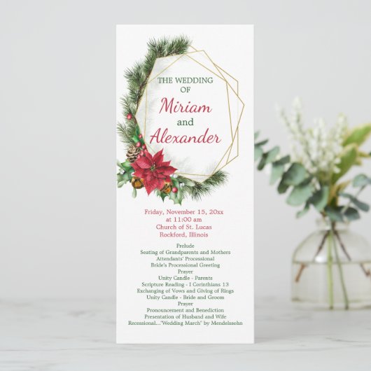 Poinsettia, heilig, dennenkerstbruiloft programmakaart (Staand voorkant)