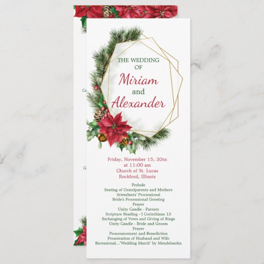 Poinsettia, heilig, dennenkerstbruiloft programmakaart (Voorkant / Achterkant)