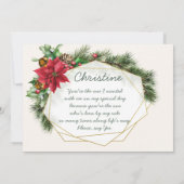 Poinsettia, heilig, mistletoe, pijnboombridesmaïde kaart (Achterkant)