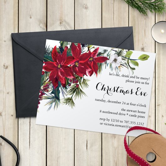 Poinsettia Holiday Floral | Kerstavond Kaart