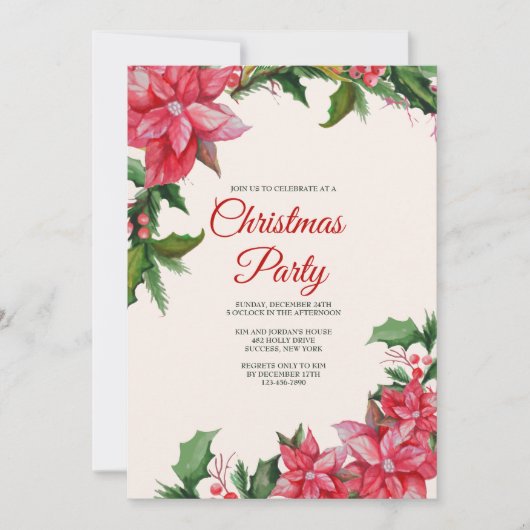 Poinsettia Holiday Party Invitation Kaart (Voorkant)