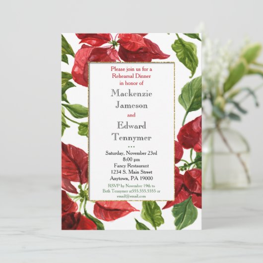 Poinsettia Holiday Rehearsal Dinner Invitation Kaart (Staand voorkant)