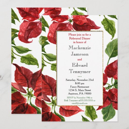 Poinsettia Holiday Rehearsal Dinner Invitation Kaart (Voorkant / Achterkant)