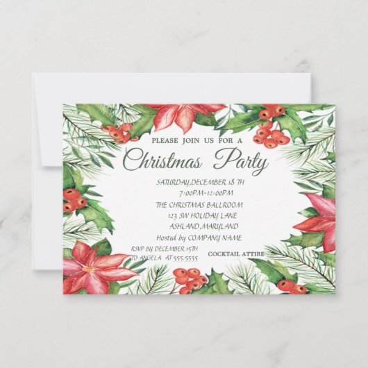 Poinsettia, Holly Berries Company kerst Party Kaart (Voorkant)