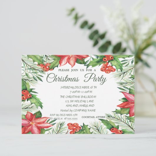Poinsettia, Holly Berries Company kerst Party Kaart (Staand voorkant)