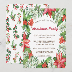 Poinsettia, Holly Berries Corporate Kerstparty Kaart