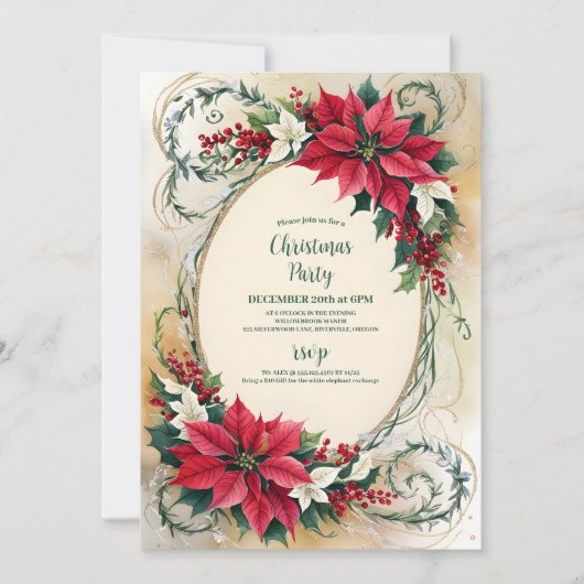 Poinsettia Holly Berries Floral kerstfeest Kaart (Voorkant)