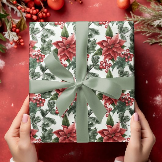Poinsettia Holly Berries kerst Cadeaupapier
