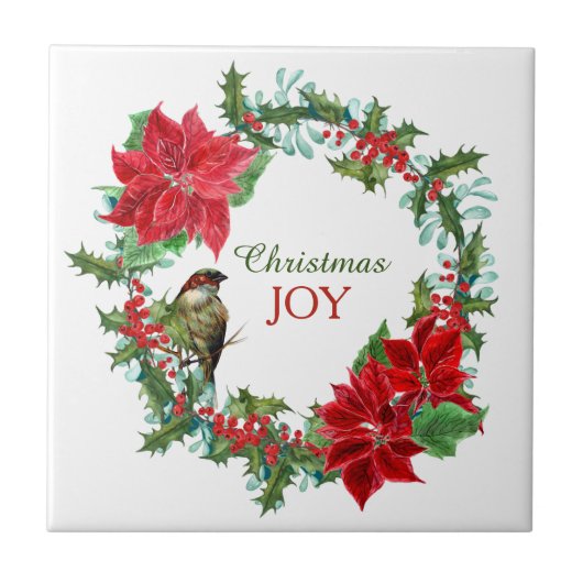 Poinsettia Holly Berry KerstJoy Tegeltje (Voorkant)
