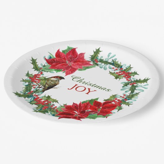 Poinsettia Holly Berry Kerstkrans Papieren Bordje (Gekanteld)