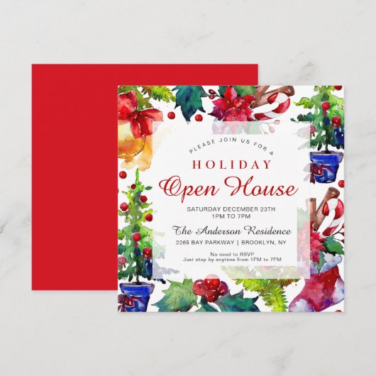 Poinsettia Holly Berry Ornament Holiday Open House Kaart (Voorkant / Achterkant)