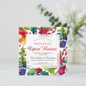 Poinsettia Holly Berry Ornament Holiday Open House Kaart (Staand voorkant)