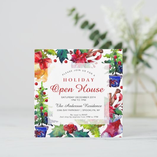 Poinsettia Holly Berry Ornament Holiday Open House Kaart (Staand voorkant)