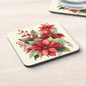 Poinsettia Holly Berry Rood Witte Bloem Kerstmis Bier Onderzetter (Linkerzijde)