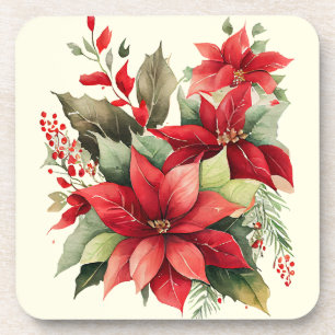 Poinsettia Holly Berry Rood Witte Bloem Kerstmis Bier Onderzetter
