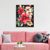 Poinsettia Holly Berry Rood Witte Bloem Kerstmis Canvas Afdruk (Insitu (Woonkamer))