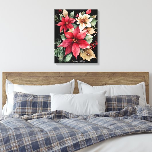 Poinsettia Holly Berry Rood Witte Bloem Kerstmis Canvas Afdruk (Insitu (Slaapkamer))