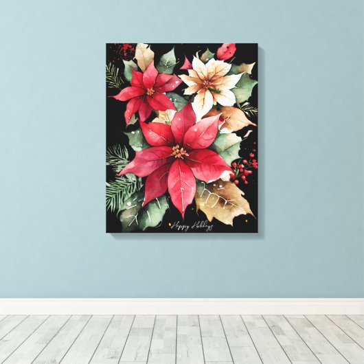 Poinsettia Holly Berry Rood Witte Bloem Kerstmis Canvas Afdruk (Insitu (Houten vloer))